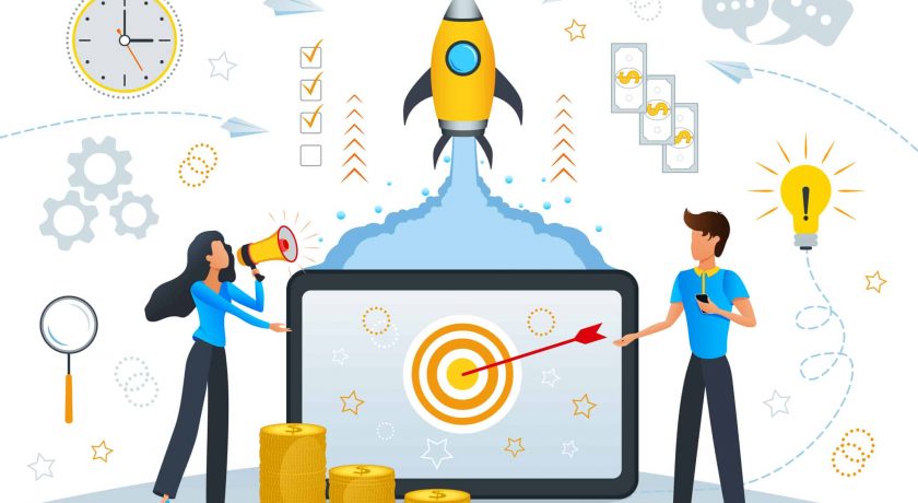 Business start up launch, project planning and management, opening of a new online startup, creative idea, cartoon people launch rocket from tablet. Concept for web page, banner. Flat vector illustration