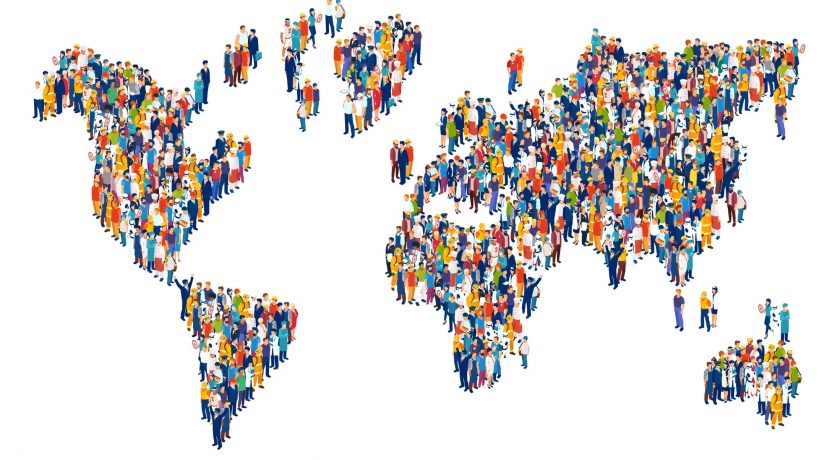 Vector of crowd of multicultural people composing a world map