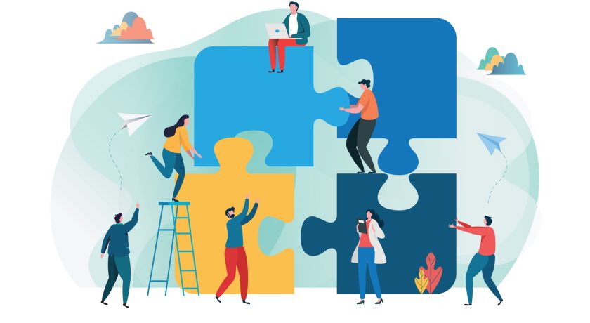 Teamwork successful together concept. Marketing content. Business People Holding the big jigsaw puzzle piece. Flat cartoon illustration vector graphic design on white background. Landing page template
