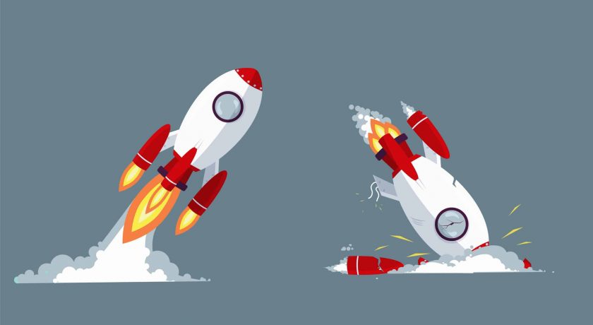 Cartoon rocket taking off and crash vector graphic illustration. Startup launch and failure concept isolated. Successful growth and fail of business. Analysis mistake or strategy problem