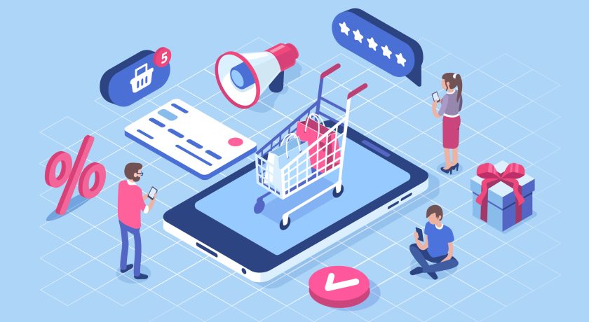 Online shopping concept with characters. Can use for web banner, infographics, hero images. Flat isometric vector illustration isolated on white background.